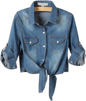AMEBELLE Women's Roll Up 3/4 Sleeve Tie Front Knot Shirt Chambray Denim Crop TopAMEBELLE Women's Roll Up 3/4 Sleeve Tie Front Knot Shirt Chambray Denim Crop Top