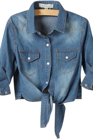 AMEBELLE Women's Roll Up 3/4 Sleeve Tie Front Knot Shirt Chambray Denim Crop TopAMEBELLE Women's Roll Up 3/4 Sleeve Tie Front Knot Shirt Chambray Denim Crop Top